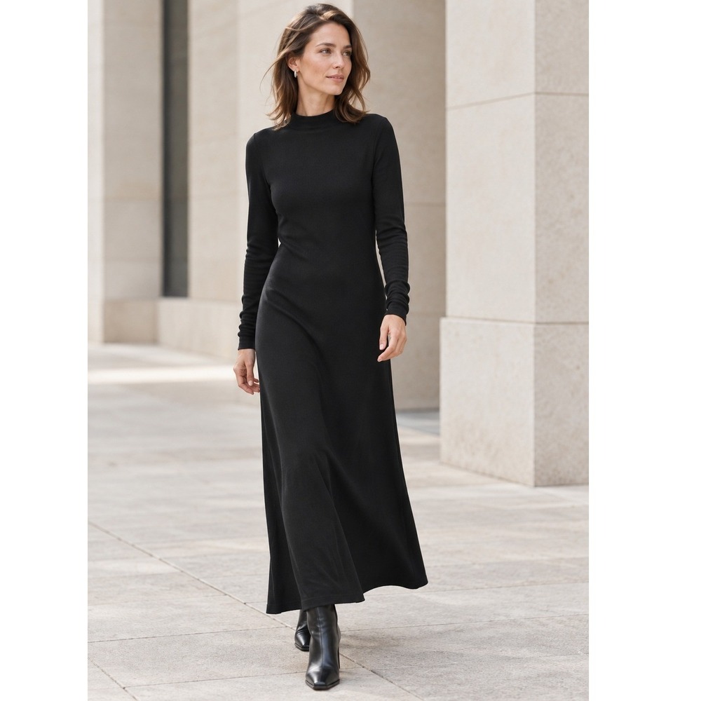 COS Cowl Neck Long Sleeve Maxi Dress Black Jersey Minimalist Sz XS
